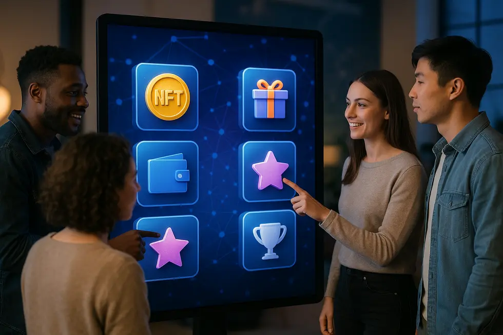 Diverse people engaging with NFTs as loyalty rewards on a digital platform.