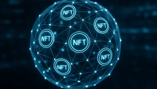 A network of blockchain symbols representing NFT memberships interwoven in a digital sphere.