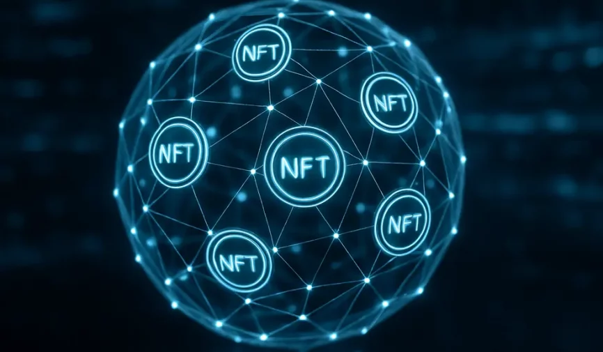 A network of blockchain symbols representing NFT memberships interwoven in a digital sphere.