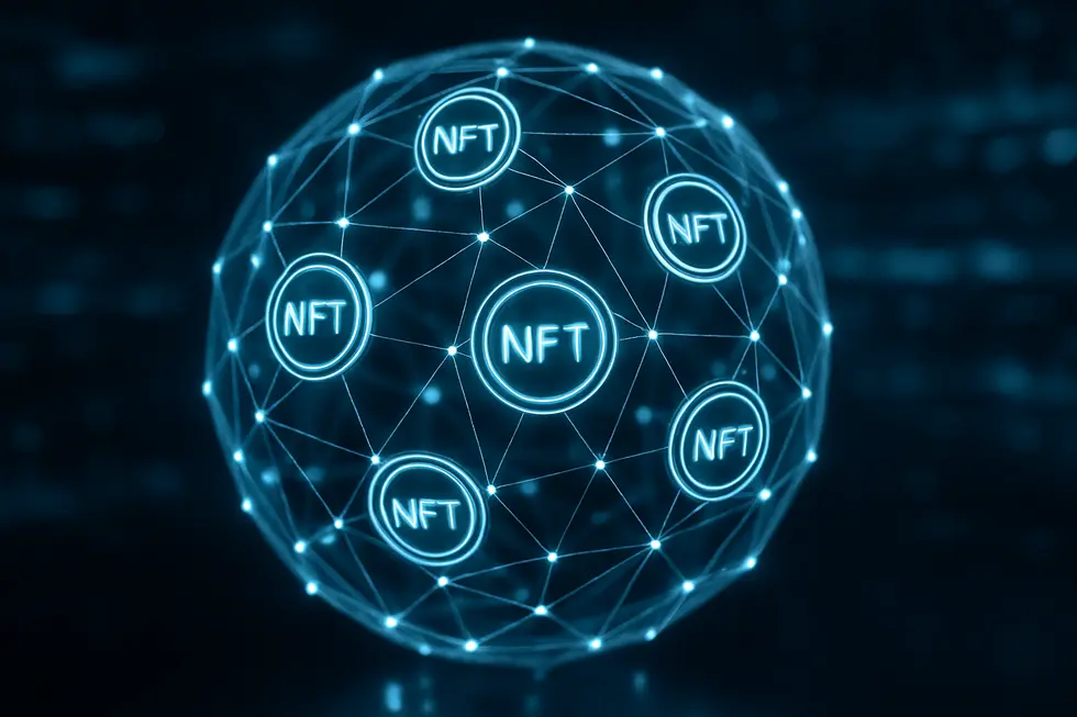 A network of blockchain symbols representing NFT memberships interwoven in a digital sphere.