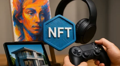 An expansive view of different NFT categories highlighting their innovation. A collage of various NFT types showcasing art, music, gaming, and more.