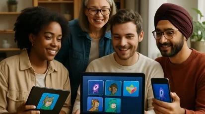 Group of individuals interacting with NFTs using video tutorials across devices.