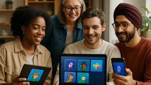 Group of individuals interacting with NFTs using video tutorials across devices.