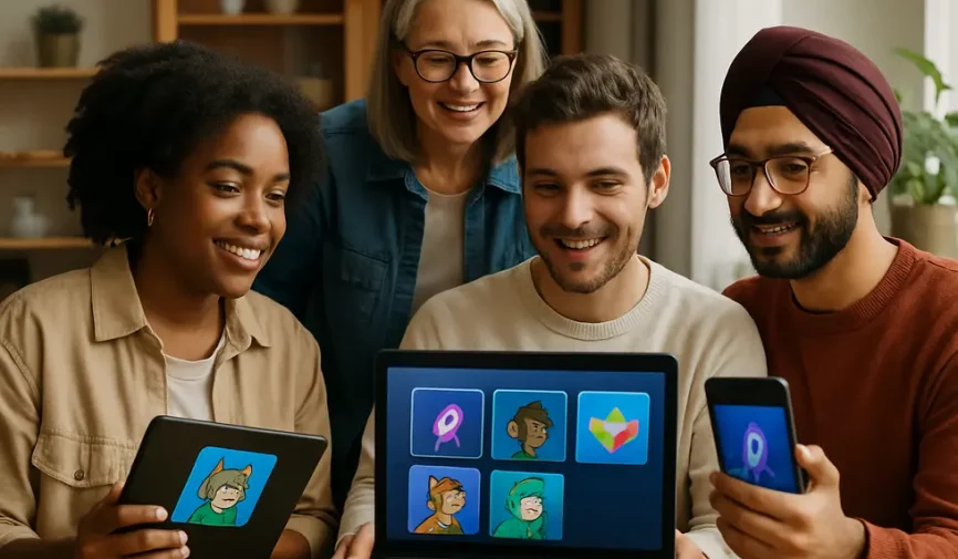 Group of individuals interacting with NFTs using video tutorials across devices.