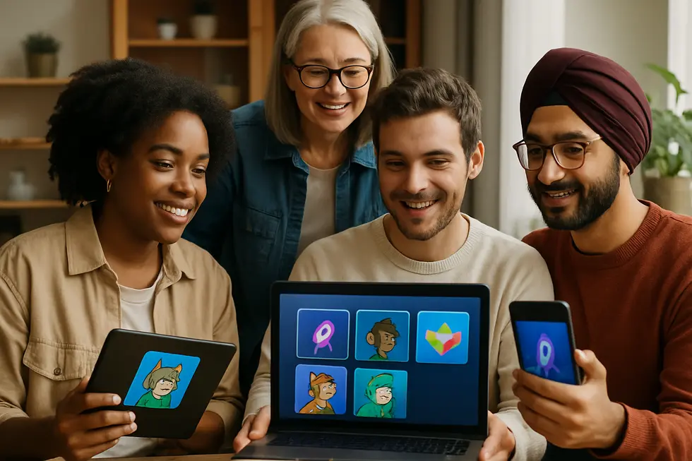 Group of individuals interacting with NFTs using video tutorials across devices.