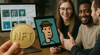 A collage showing various aspects of NFTs' impact on digital society.