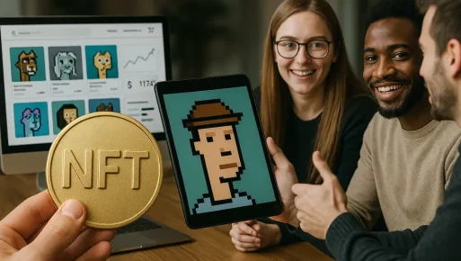 A collage illustrating the diverse impacts of NFTs on digital society. A collage showing various aspects of NFTs' impact on digital society.