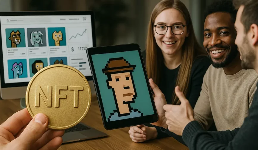 A collage showing various aspects of NFTs' impact on digital society.