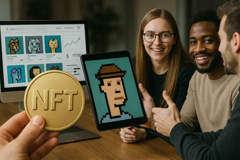 A collage showing various aspects of NFTs' impact on digital society.