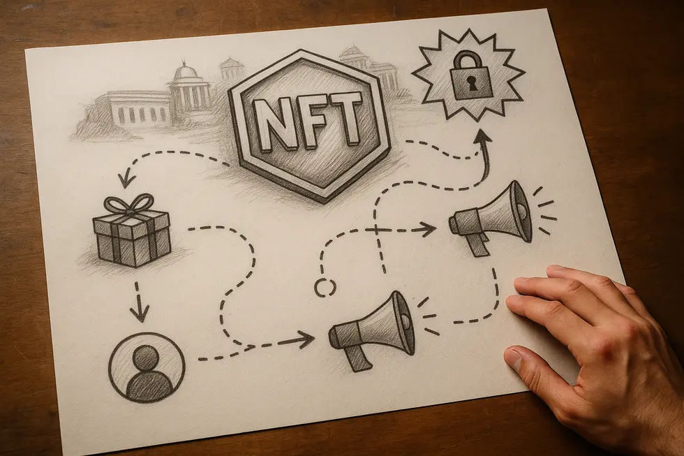 A digital gallery display of NFT membership tokens showcasing exclusivity.