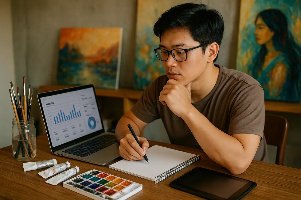 A Vietnamese artist creating NFTs in a digital studio, symbolizing the vibrant art scene.