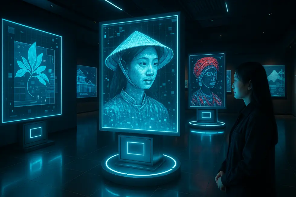 A Vietnamese artist creating NFTs in a digital studio, symbolizing the vibrant art scene.