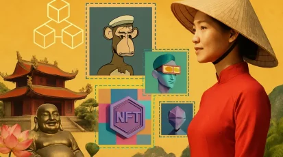Collage of Vietnamese symbols and NFT elements showing culture and innovation.
