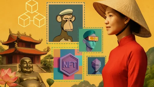 Collage of Vietnamese symbols and NFT elements showing culture and innovation.