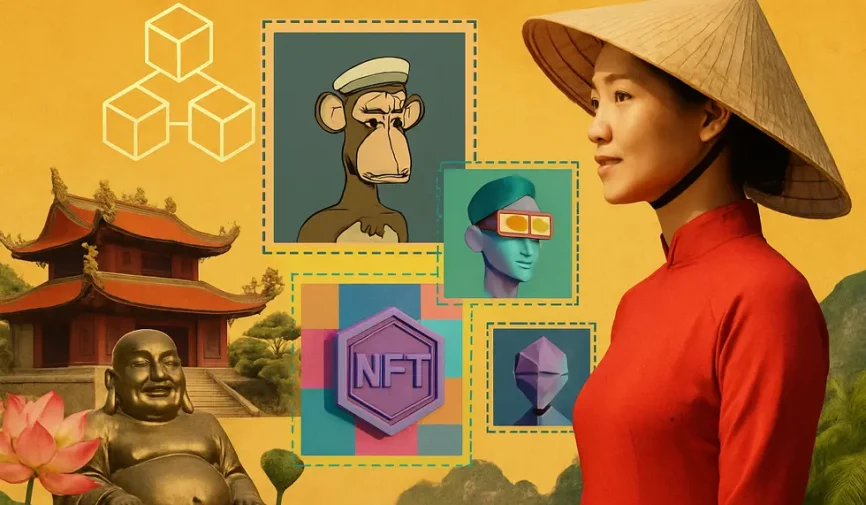 Collage of Vietnamese symbols and NFT elements showing culture and innovation.