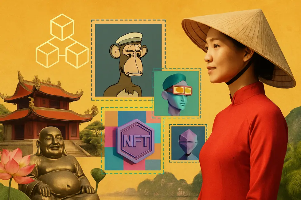 Collage of Vietnamese symbols and NFT elements showing culture and innovation.