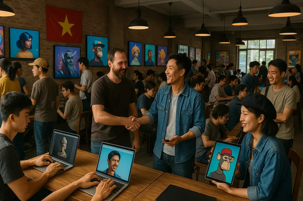 A bustling digital marketplace showcasing NFT trade and technology in Vietnam.