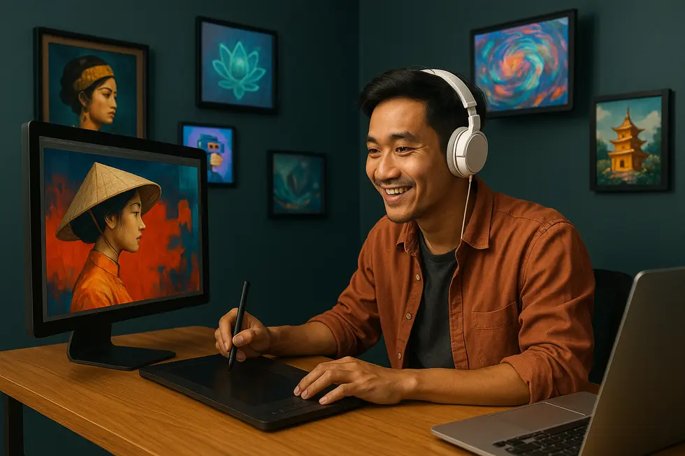 A Vietnamese artist creating NFTs in a digital studio, symbolizing the vibrant art scene.