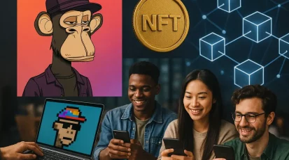 Collage with digital art, community elements, and blockchain to reflect NFT culture.