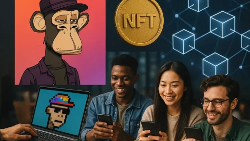 NFT culture collage: digital art, community, and blockchain. Collage with digital art, community elements, and blockchain to reflect NFT culture.