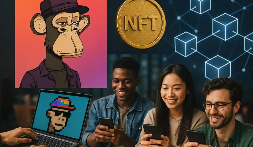 Collage with digital art, community elements, and blockchain to reflect NFT culture.