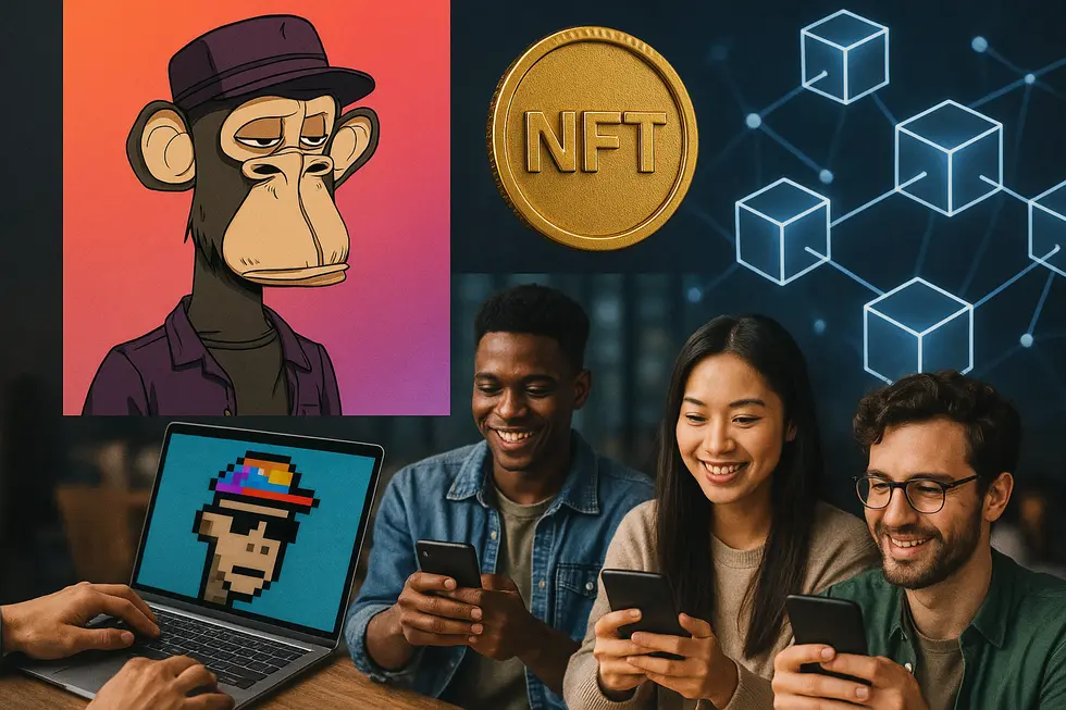 Collage with digital art, community elements, and blockchain to reflect NFT culture.