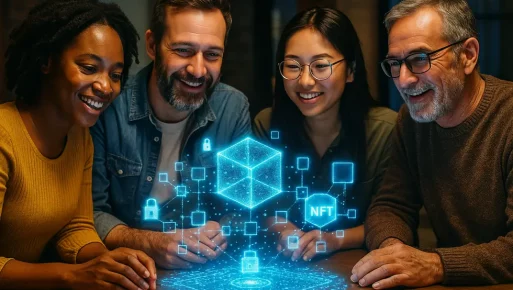 Digital communities uniting as families through NFTs and blockchain. Holographic blockchain with diverse digital community members symbolizing unity.