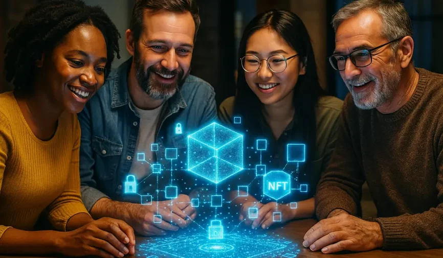 Holographic blockchain with diverse digital community members symbolizing unity.