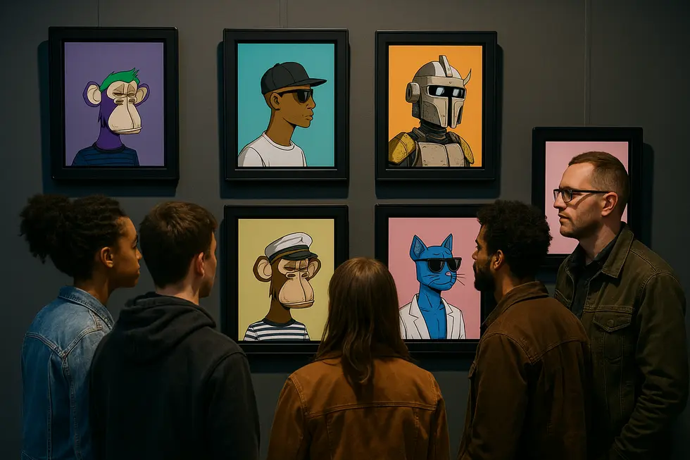 A dynamic scene of an NFT marketplace illustrating its role as a hub for digital tribes.