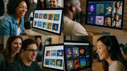 Collage of human interactions and digital assets within vibrant NFT communities.