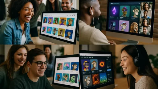 Collage of human interactions and digital assets within vibrant NFT communities.