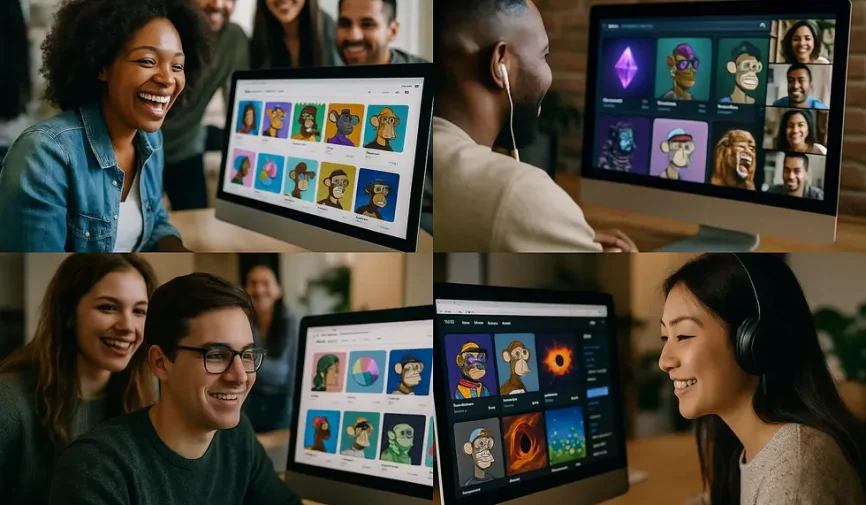Collage of human interactions and digital assets within vibrant NFT communities.