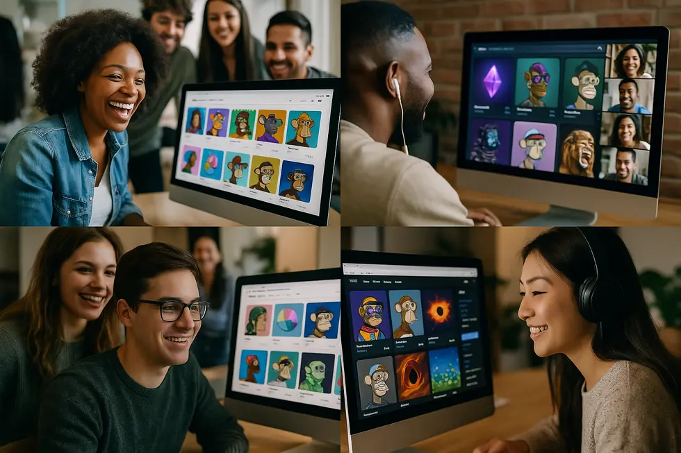 Collage of human interactions and digital assets within vibrant NFT communities.