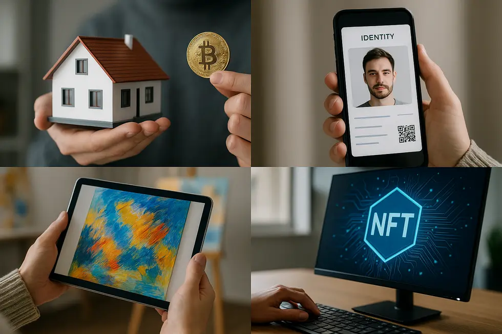 A futuristic view of a tokenized world with digital and physical assets interconnected.