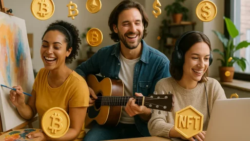 Creatives earning freedom through NFT marketplaces and digital ownership. An artist, musician, and digital creator working on projects with symbols of digital ownership, symbolizing empowerment and financial freedom.