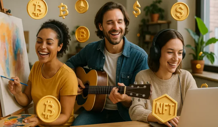 Creatives earning freedom through NFT marketplaces and digital ownership. An artist, musician, and digital creator working on projects with symbols of digital ownership, symbolizing empowerment and financial freedom.