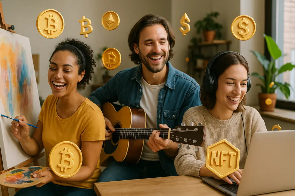 An artist, musician, and digital creator working on projects with symbols of digital ownership, symbolizing empowerment and financial freedom.