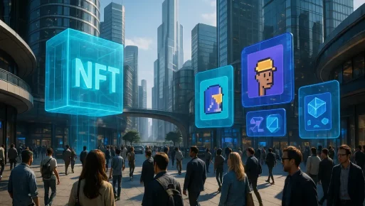 A comprehensive view of the integration of digital ownership and tokenization in everyday life. A futuristic city where digital and physical assets coexist harmoniously.