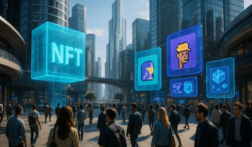 A futuristic city where digital and physical assets coexist harmoniously.