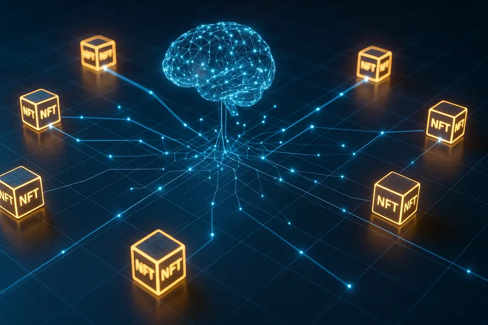 A futuristic view of a tokenized world with digital and physical assets interconnected.