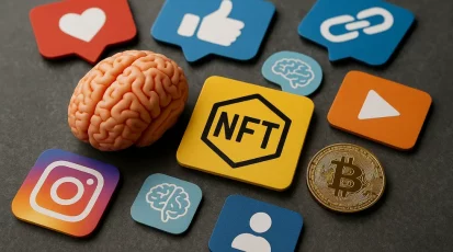 Collage depicting digital assets, social media symbols, and brain imagery illustrating NFT addiction.