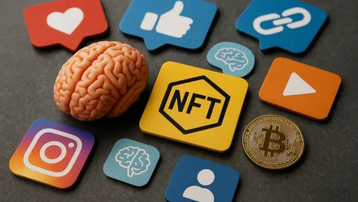 The captivating and addictive nature of NFTs explored. Collage depicting digital assets, social media symbols, and brain imagery illustrating NFT addiction.