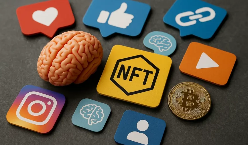 Collage depicting digital assets, social media symbols, and brain imagery illustrating NFT addiction.