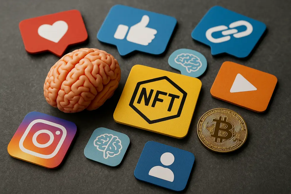 Collage depicting digital assets, social media symbols, and brain imagery illustrating NFT addiction.
