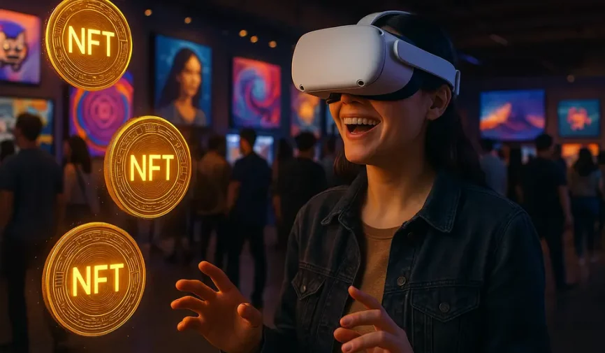 A collage illustrating the interplay of NFT marketplaces, digital ownership, and immersive experiences in marketing.