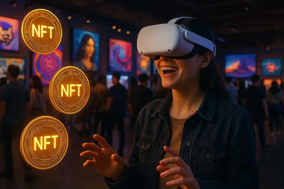 A collage illustrating the interplay of NFT marketplaces, digital ownership, and immersive experiences in marketing.