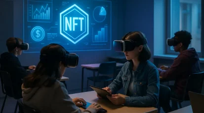 An image of a modern classroom where students use VR/AR technology to learn about NFTs and financial literacy.