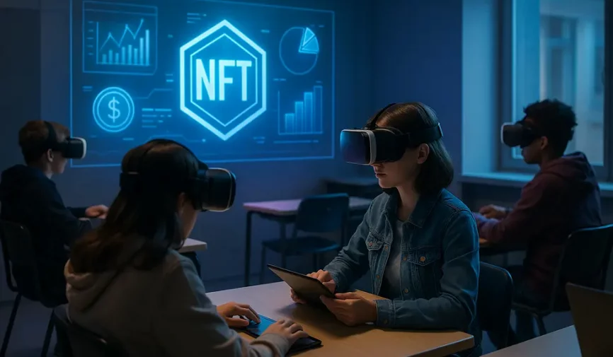 An image of a modern classroom where students use VR/AR technology to learn about NFTs and financial literacy.