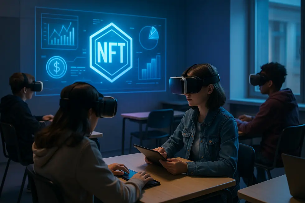An image of a modern classroom where students use VR/AR technology to learn about NFTs and financial literacy.