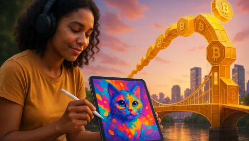 Digital art and blockchain unite, forming a path to creative prosperity. Artistic representation of digital art converging with blockchain.